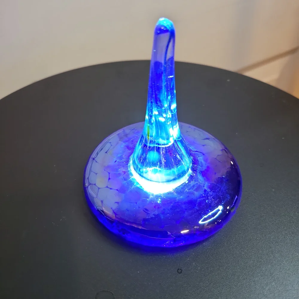 Blue Iridescent Art Glass Signed Ring Holder Hand Blown 3